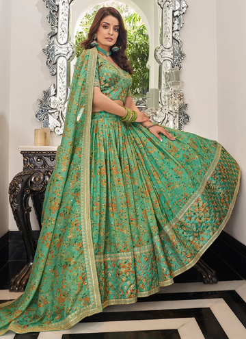 Zari Embroidery Work Organza Floral Print Sea Green Lehenga Choli